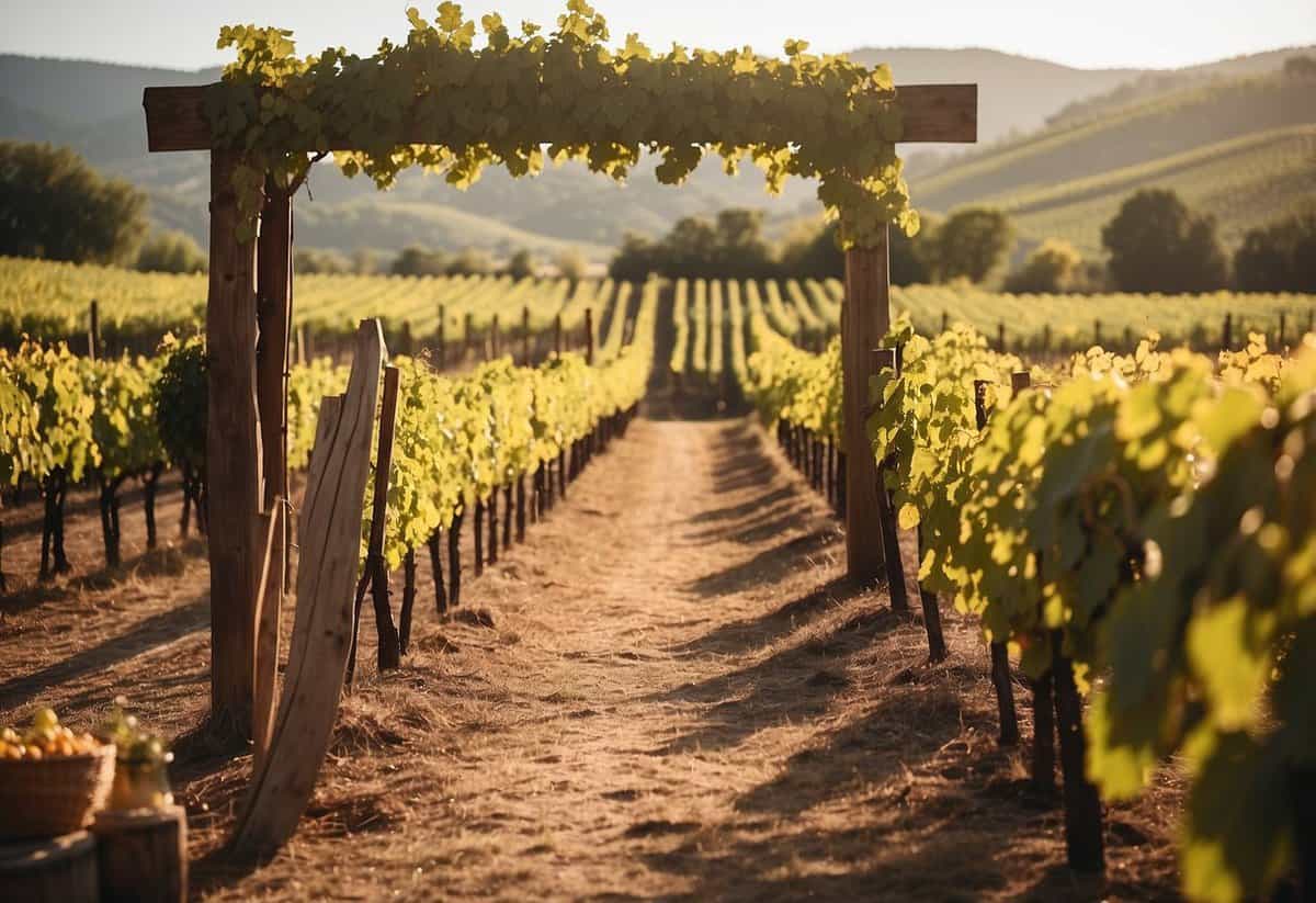 A picturesque outdoor ceremony at a historic vineyard, with rolling hills and a rustic barn as the backdrop. Sunlight filters through the grapevines, creating a warm and romantic atmosphere