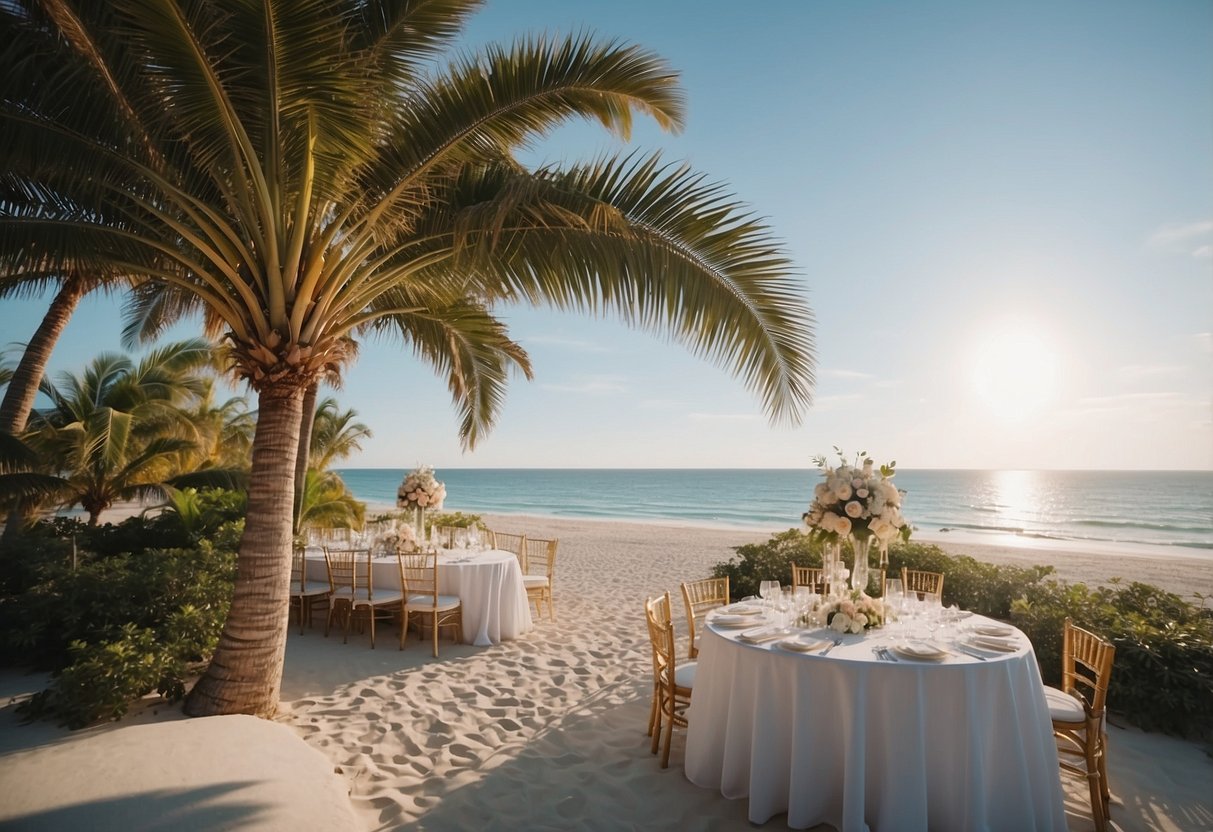 A beachfront wedding venue with palm trees, white sand, and a clear blue ocean in the background. Sunshine and a gentle breeze create a romantic atmosphere