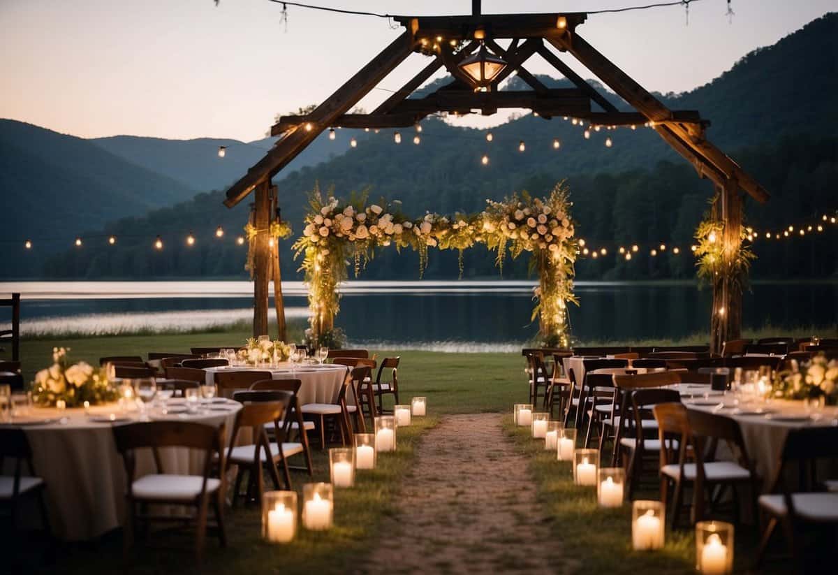 A rustic barn wedding with string lights, floral arches, and wooden farm tables set against a backdrop of rolling Georgia hills and a serene lake