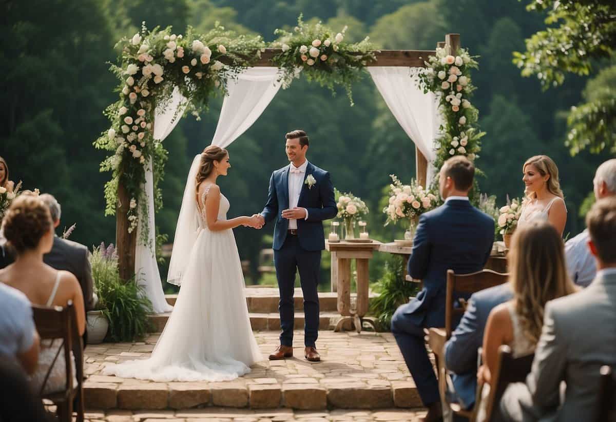 A couple exchanging vows at a picturesque outdoor wedding venue in Georgia, with a backdrop of lush greenery and blooming flowers