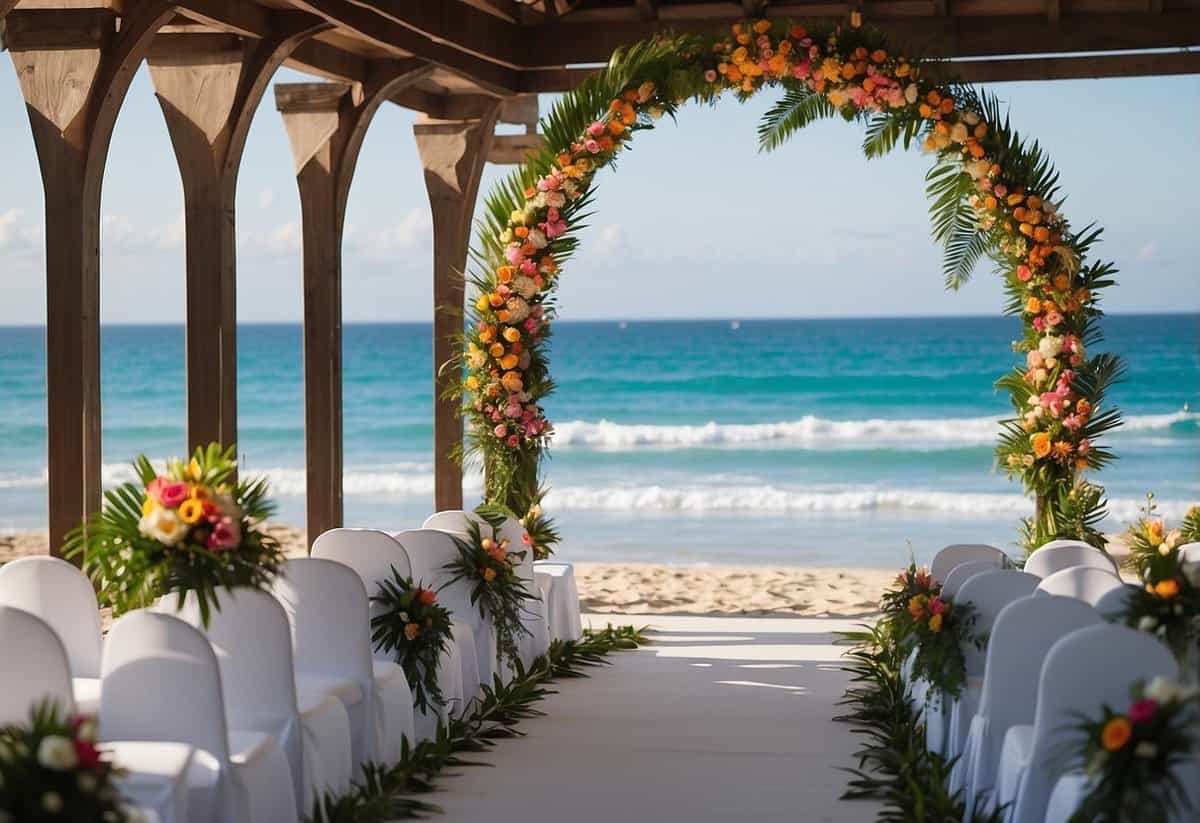 A scenic beach wedding setup with tropical flowers, palm trees, and a view of the ocean. White chairs arranged in front of an elegant archway adorned with fresh greenery and colorful blooms