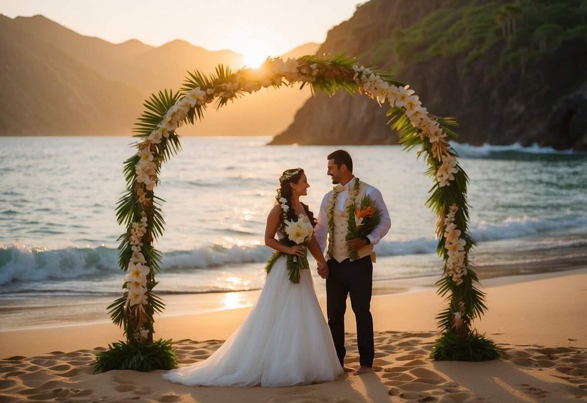 A beautiful Hawaiian beach wedding with traditional hula dancers, a floral arch, and a stunning sunset backdrop