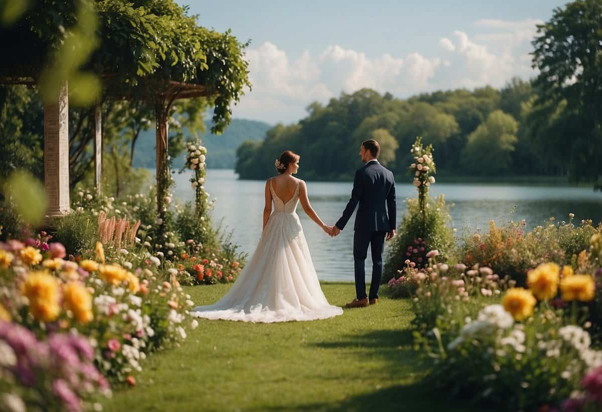 A beautiful outdoor wedding in a blooming garden surrounded by lush greenery and colorful flowers, with a picturesque view of a serene lake in the background