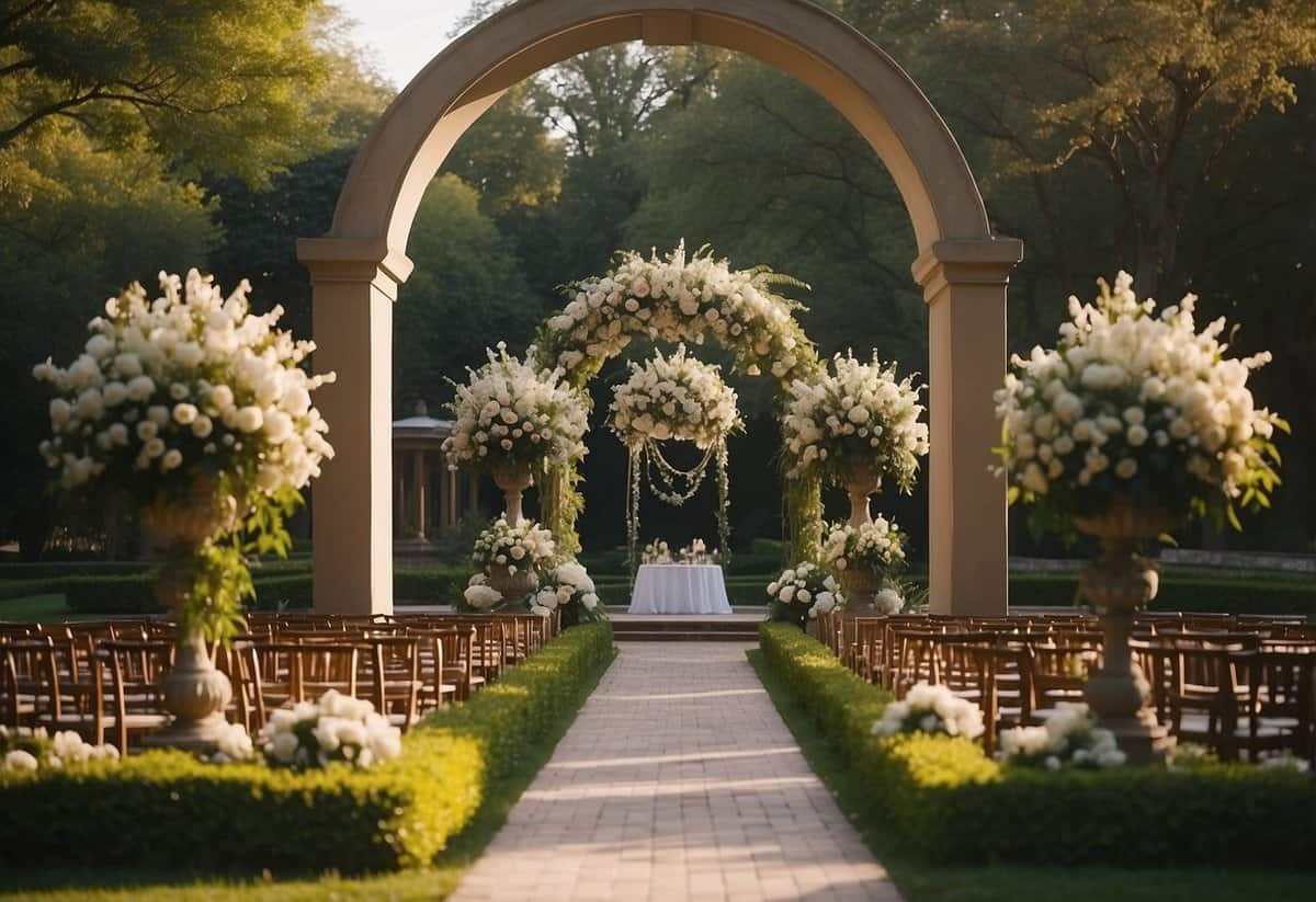 A beautiful outdoor wedding in a lush garden setting, with blooming flowers, elegant arches, and romantic lighting