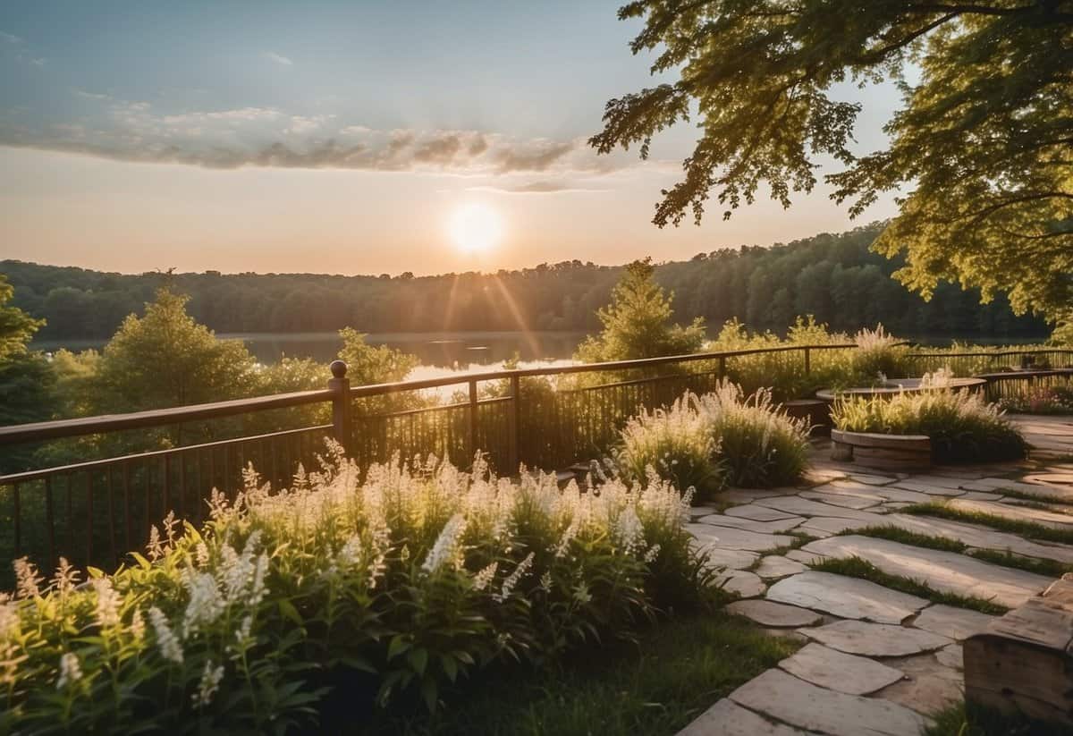 Rolling hills, lush greenery, and a serene lake set the backdrop for a charming outdoor wedding venue in Indiana. The sun casts a warm glow over the picturesque landscape, creating the perfect setting for a romantic ceremony