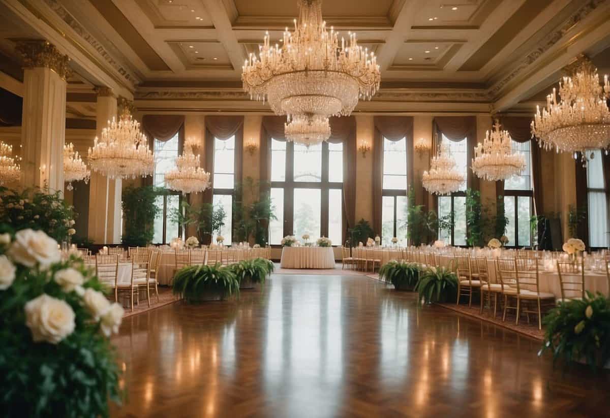 A grand ballroom with elegant chandeliers, surrounded by lush greenery and blooming flowers, creating a romantic ambiance for weddings in Indiana