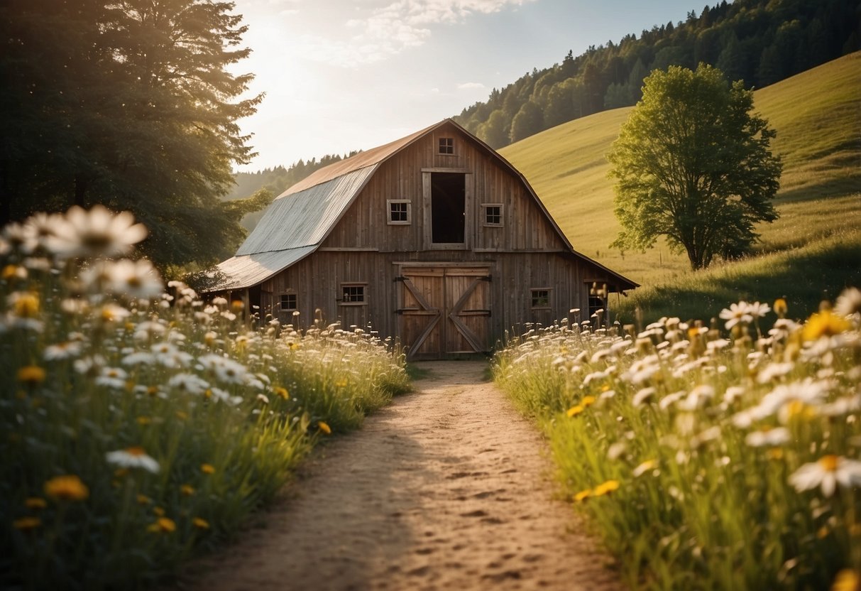 A rustic barn set amidst rolling hills, decorated with burlap and lace, surrounded by blooming wildflowers and twinkling string lights