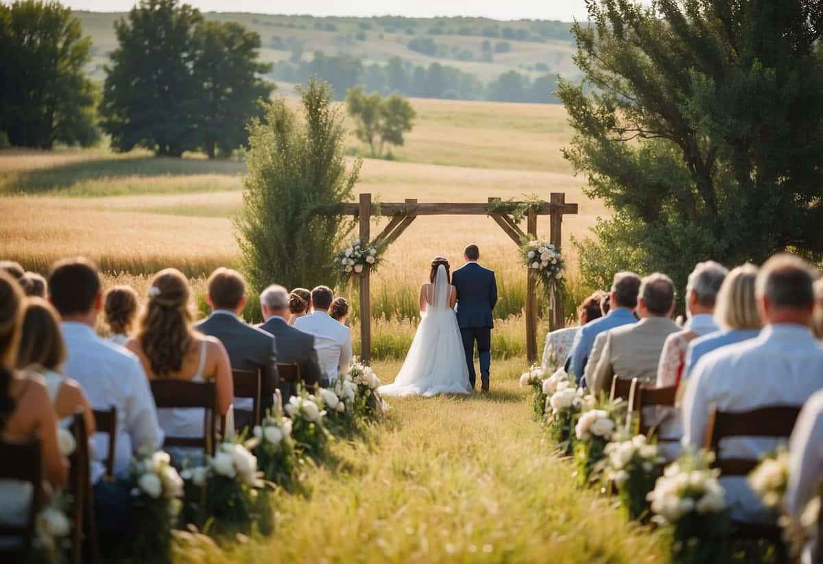 A beautiful outdoor wedding ceremony at a rustic barn venue in the rolling hills of Kansas, with a backdrop of golden wheat fields and a clear blue sky