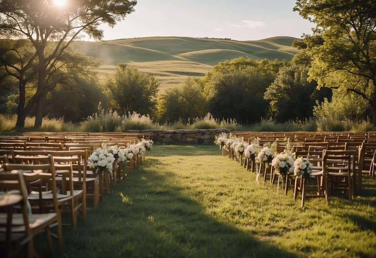 A sunny day at a picturesque outdoor venue in Kansas, with rolling hills, lush greenery, and a clear blue sky, perfect for a romantic wedding ceremony