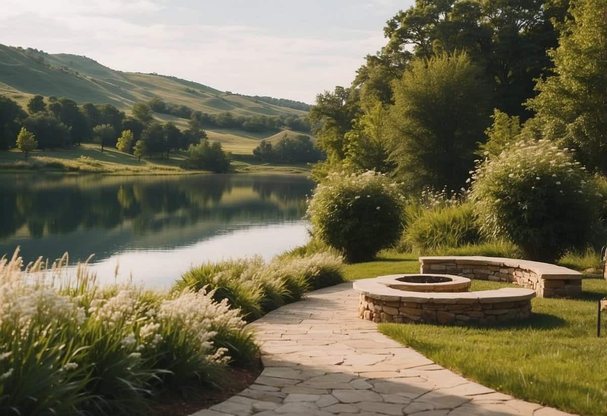 A picturesque outdoor setting with rolling hills, lush greenery, and a serene lake, perfect for a romantic wedding ceremony in Kansas