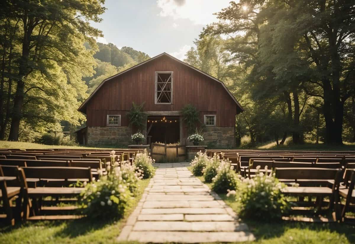 A picturesque barn wedding venue in Kentucky with rolling hills, lush greenery, and a rustic charm. Sunlight filters through the trees, creating a warm and inviting atmosphere for a romantic ceremony