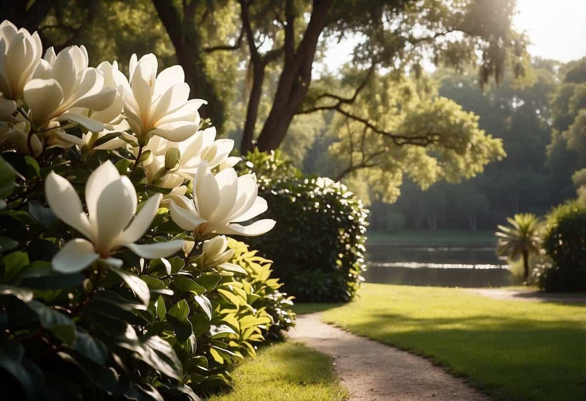 A sunny day in a lush garden with blooming magnolia trees and a serene bayou in the background, perfect for a Louisiana wedding