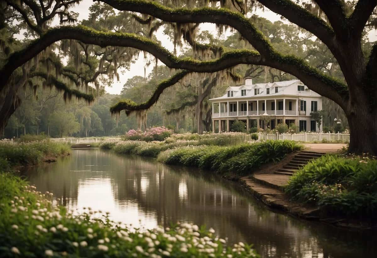 A picturesque plantation with oak trees and a river, surrounded by lush greenery and blooming flowers, with a sign indicating "Best Places to Get Married in Louisiana."