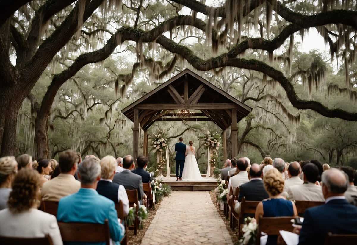 A traditional Louisiana wedding ceremony in a picturesque bayou setting with live oak trees, Spanish moss, and a rustic wooden chapel