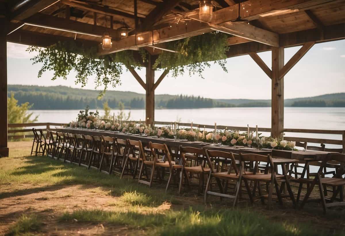 A rustic barn wedding with a backdrop of rolling hills and a serene lake in Maine