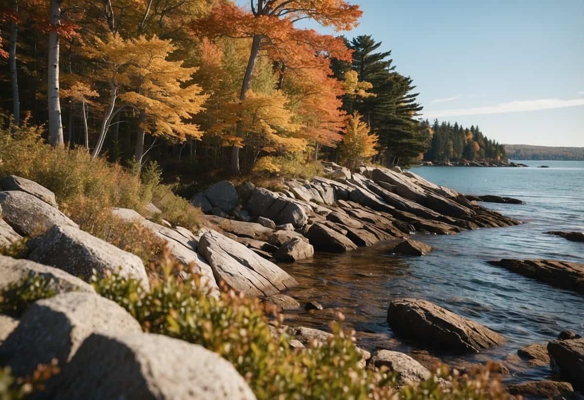 A sunny summer day in Maine, with a picturesque coastal backdrop and colorful foliage in the fall. Ideal scenes for a wedding illustration