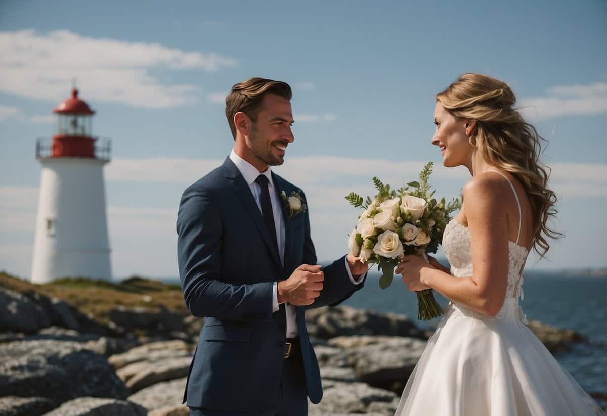 A coastal Maine wedding with a lighthouse backdrop, lobster traps, and nautical decor. The bride and groom exchange vows on a rocky cliff overlooking the ocean