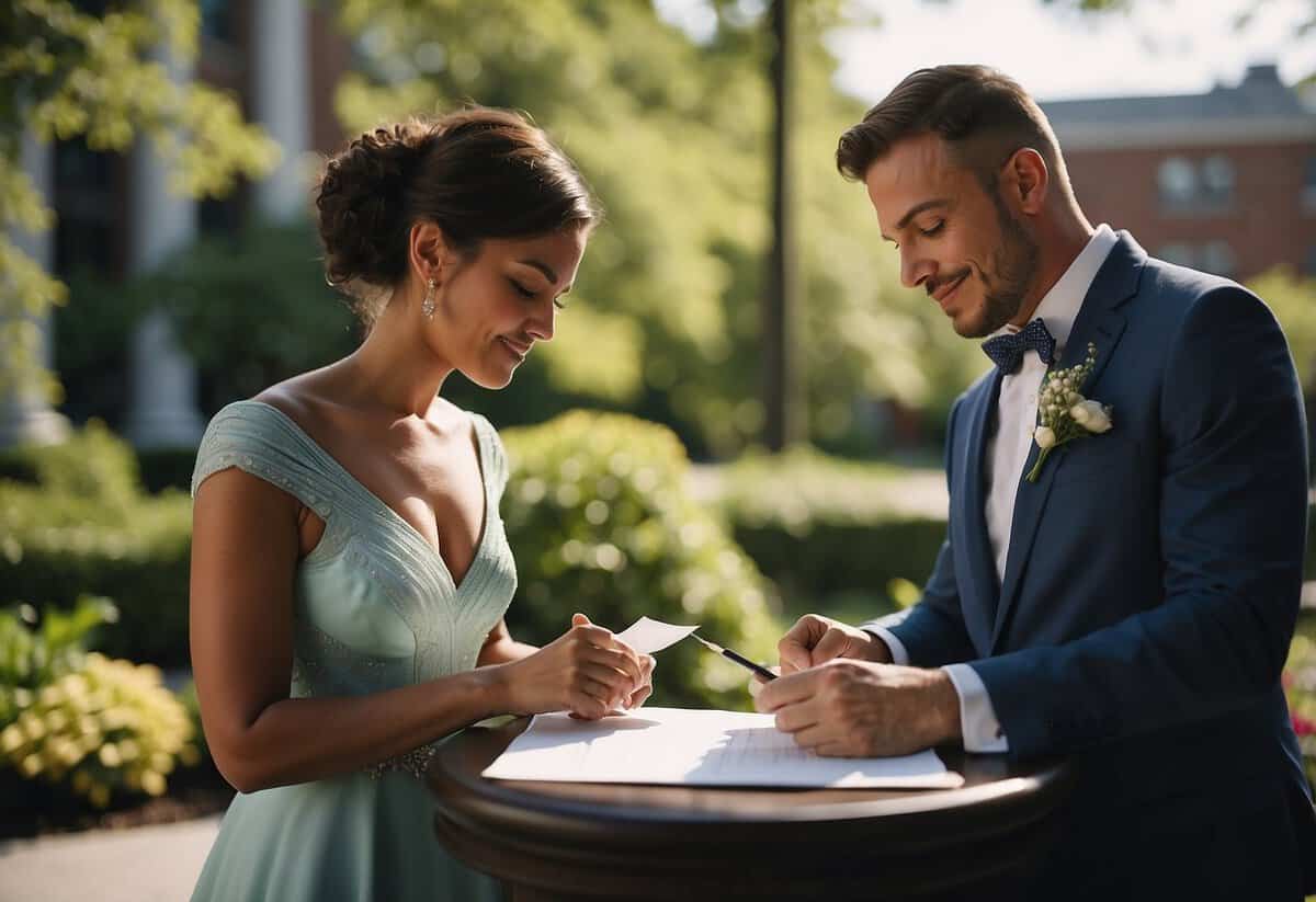 A couple signing marriage documents at a courthouse in Maryland. Surrounding scenery includes lush greenery and a picturesque waterfront venue