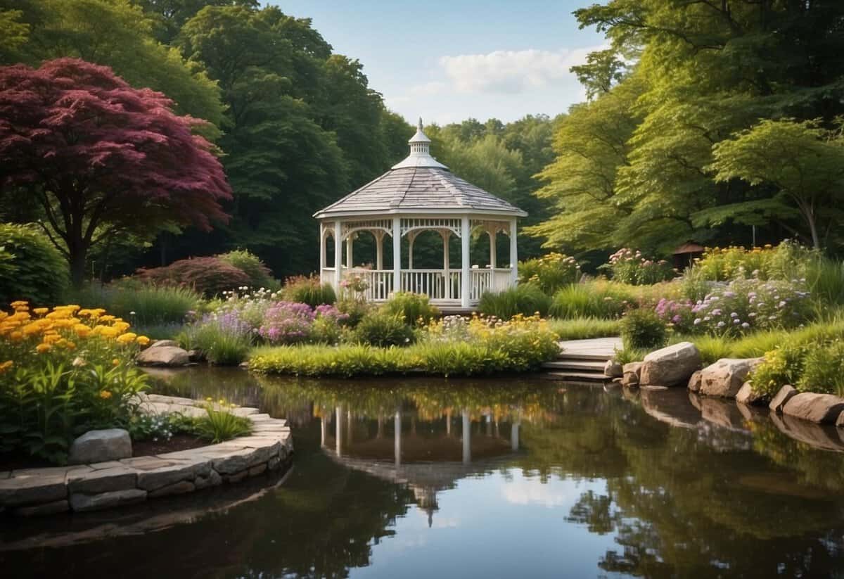 A picturesque garden with a gazebo nestled among blooming flowers, surrounded by a serene lake and lush greenery, offering a perfect setting for a romantic wedding in Massachusetts