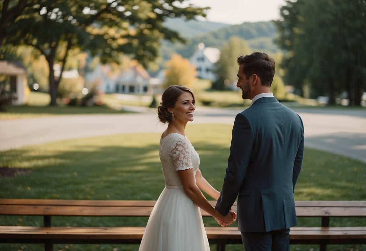 A couple stands before a town hall, exchanging vows. A picturesque New England landscape surrounds them, with rolling hills and a quaint village in the background