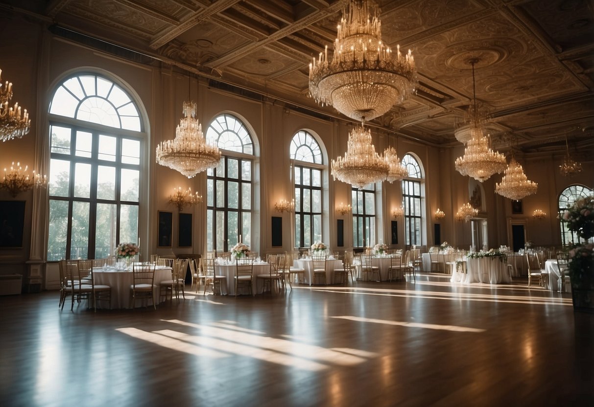 A grand ballroom with high ceilings, adorned with sparkling chandeliers and elegant drapery. Large windows overlook a lush garden, creating a romantic and enchanting atmosphere for a wedding ceremony