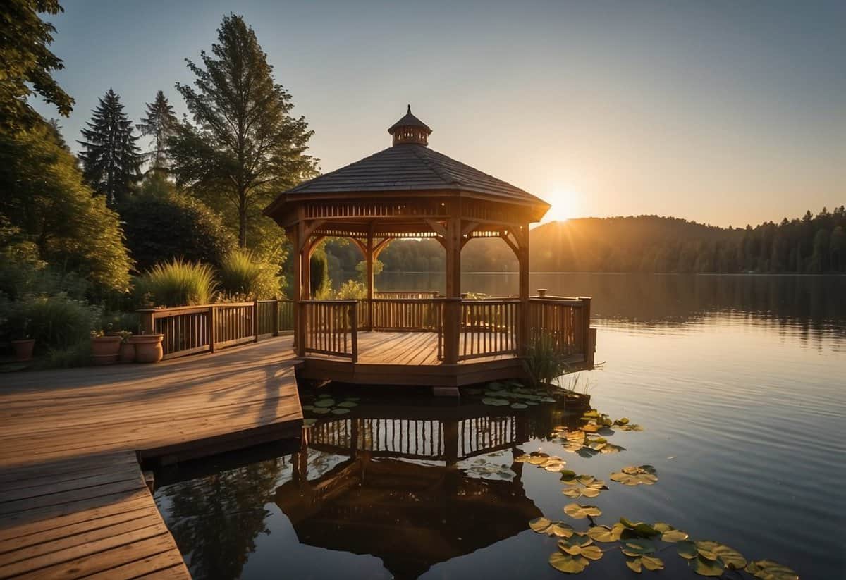 A serene lakeside setting with lush greenery and a rustic wooden gazebo. The sun is setting, casting a warm glow over the tranquil waters