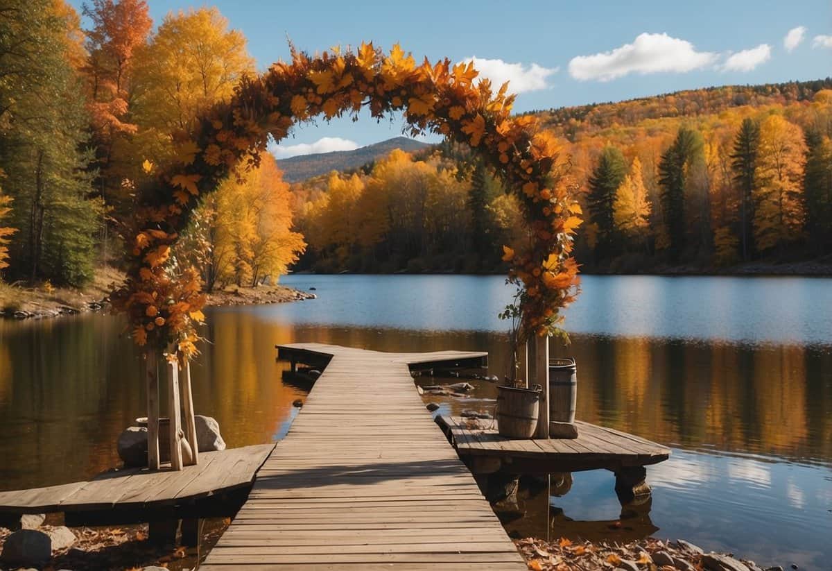 A picturesque lakeside ceremony in autumn with colorful foliage and a rustic wooden arch, set against the backdrop of a serene Minnesota landscape