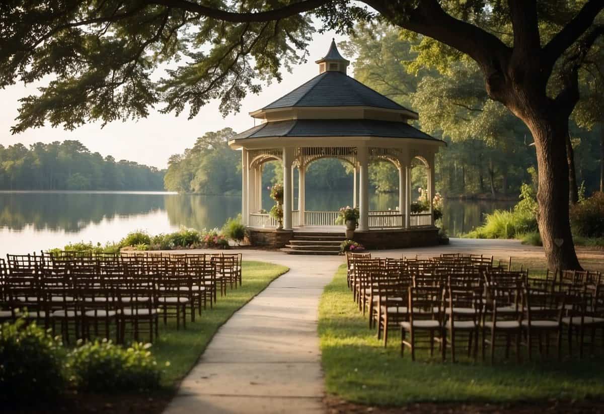 A picturesque outdoor wedding venue in Mississippi with lush greenery, a charming gazebo, and a serene lake in the background