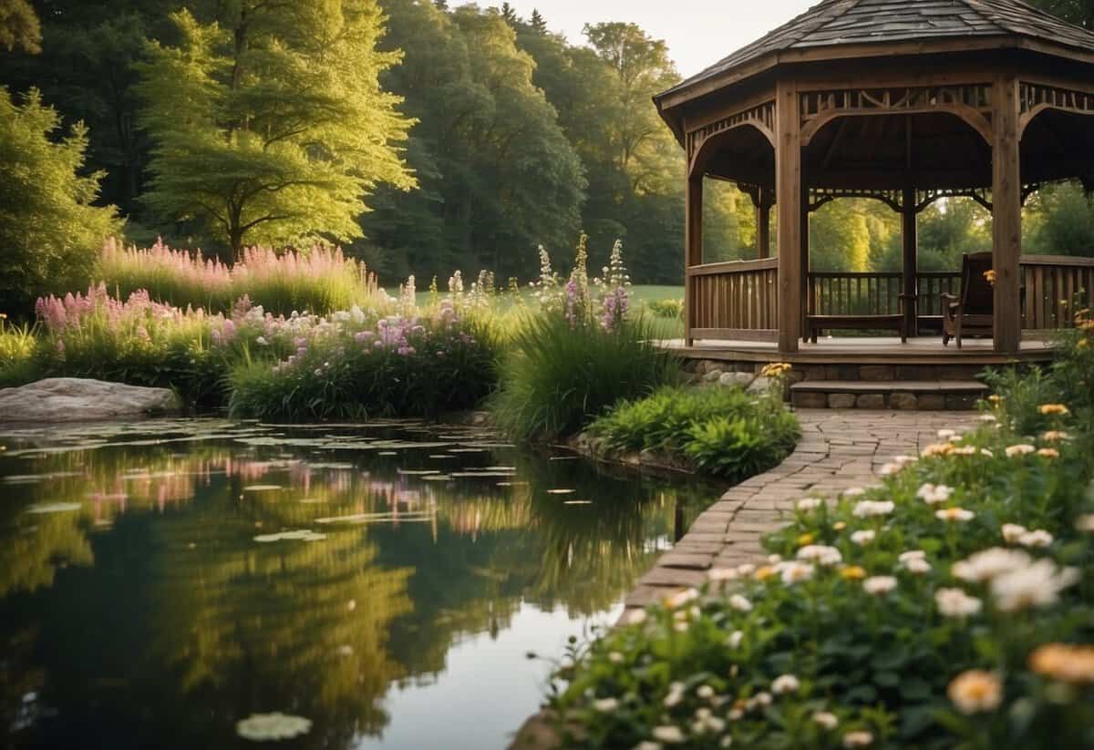 A picturesque outdoor setting with lush greenery, blooming flowers, and a serene lake as the backdrop. A charming gazebo or rustic barn adds to the romantic ambiance