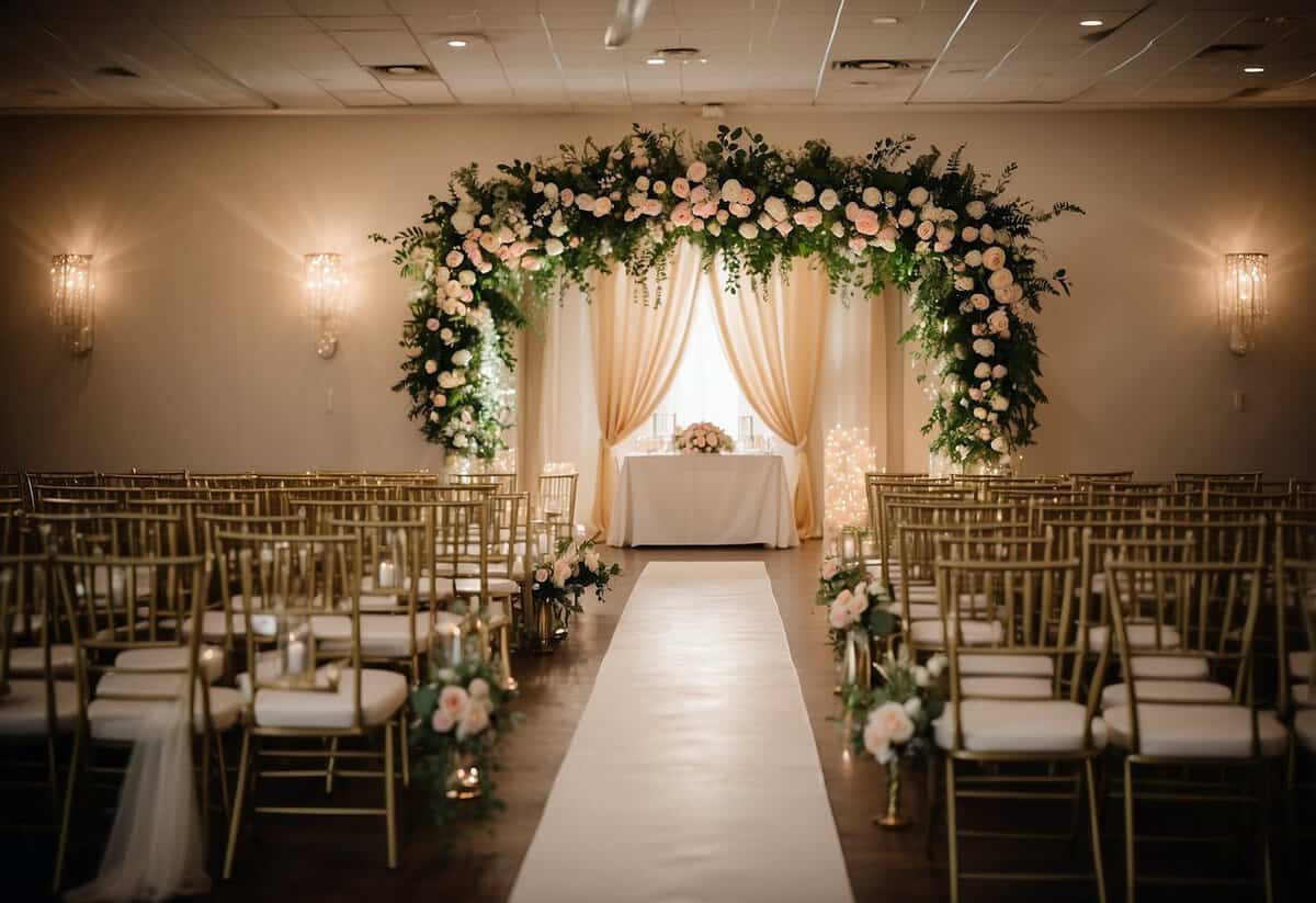 A beautifully decorated indoor wedding venue in Mississippi with elegant lighting and floral arrangements, creating a romantic and intimate atmosphere for couples to exchange their vows