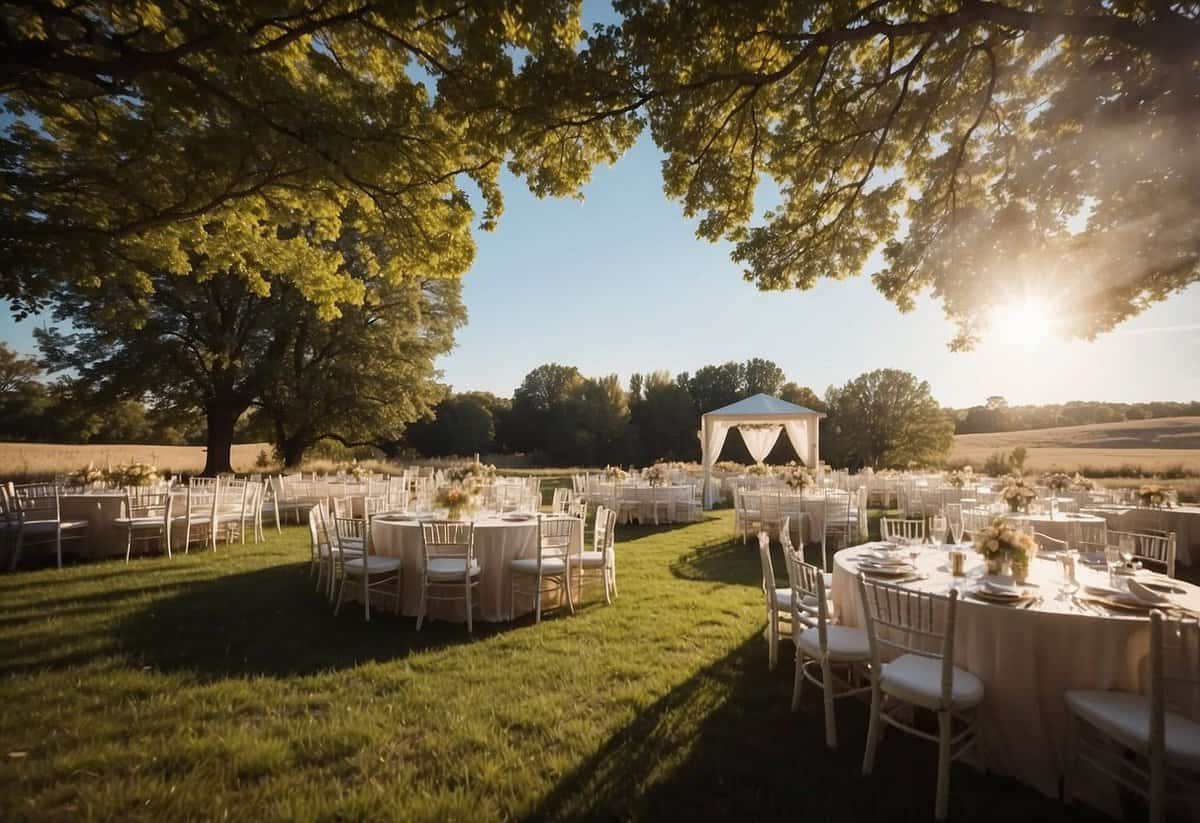 The sun shines brightly over a picturesque outdoor wedding venue in Nebraska, with clear blue skies and a gentle breeze rustling through the trees