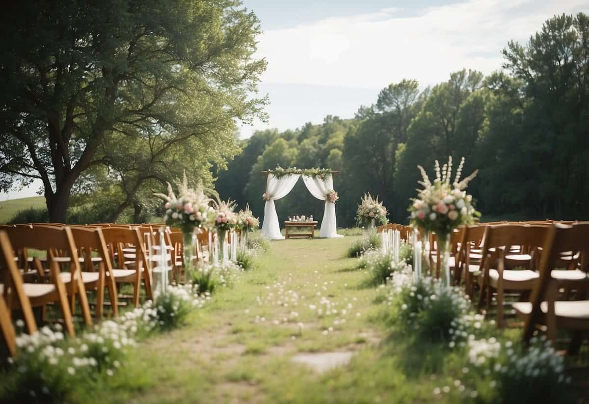 A serene outdoor ceremony at a rustic barn venue in the Nebraska countryside, surrounded by rolling hills and vibrant wildflowers