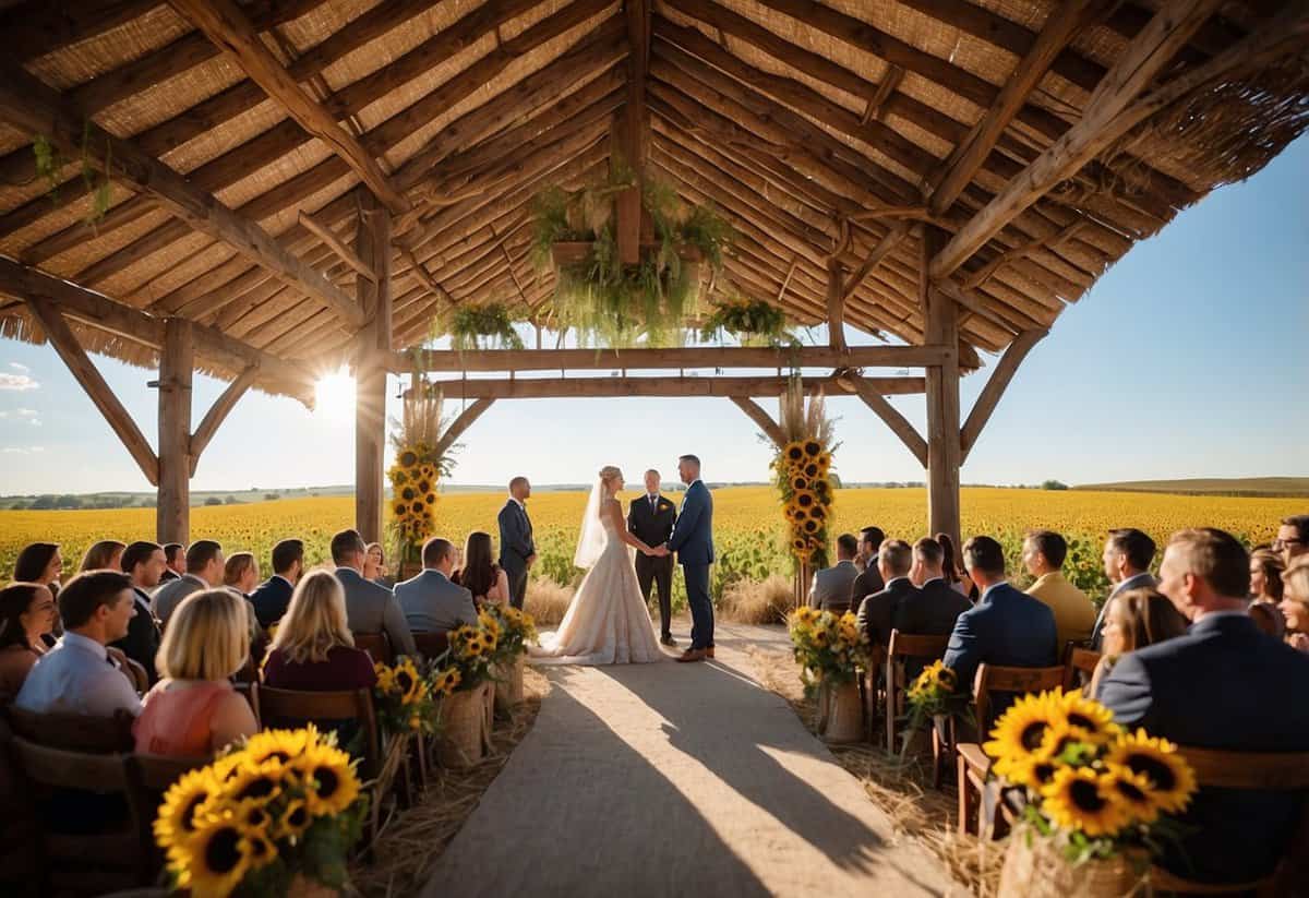 A traditional Nebraska wedding ceremony taking place in a rustic barn adorned with sunflowers and burlap, with a backdrop of rolling hills and a clear blue sky