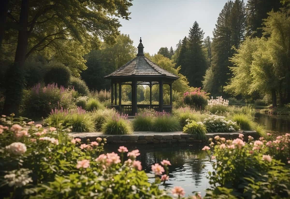 A picturesque garden with a gazebo, surrounded by blooming flowers and lush greenery. A serene lake in the background adds to the romantic ambiance