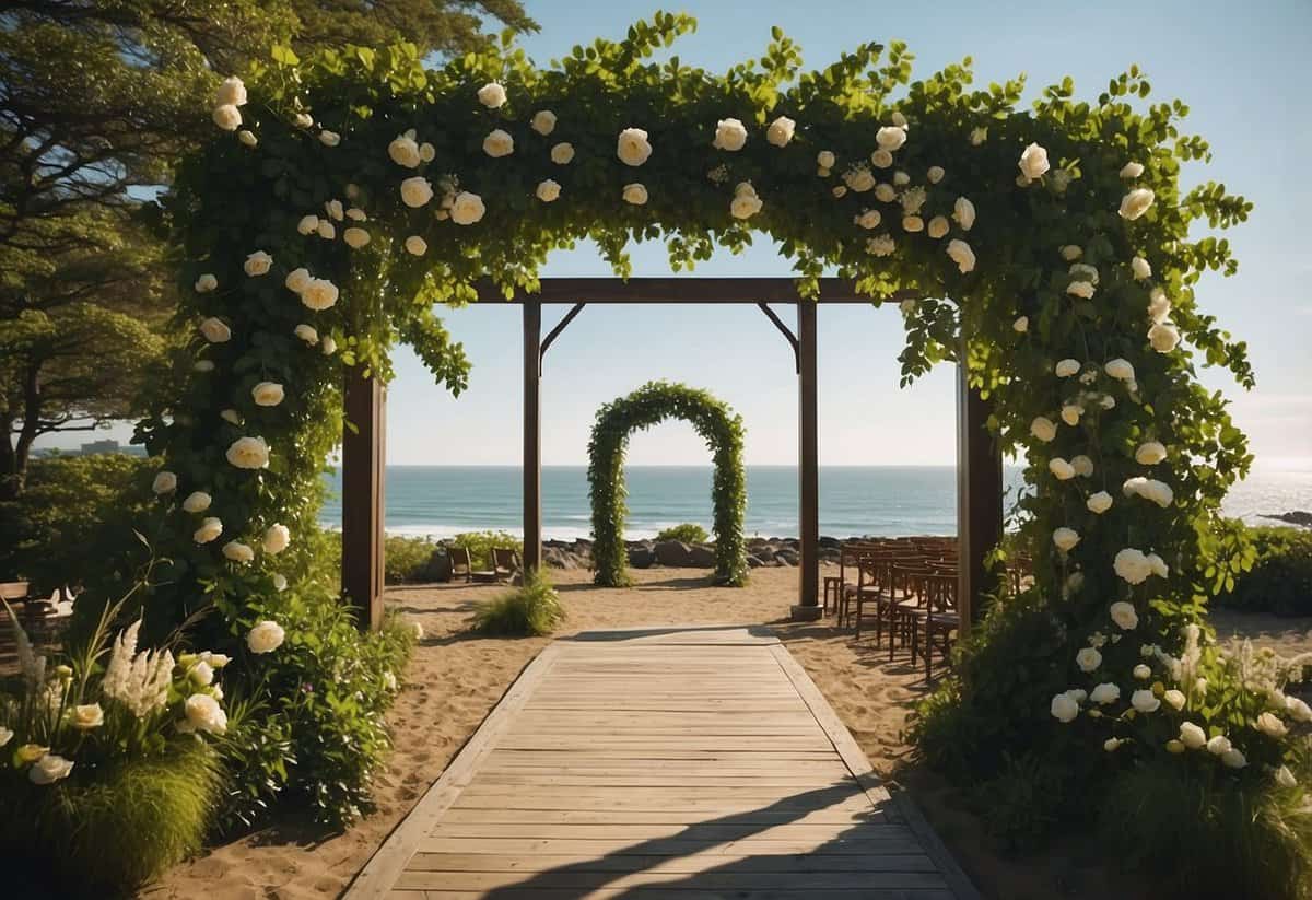 A picturesque beach with a wedding arch, surrounded by lush greenery and overlooking the ocean. A sign nearby indicates the necessary legal requirements and permits for getting married in New Jersey