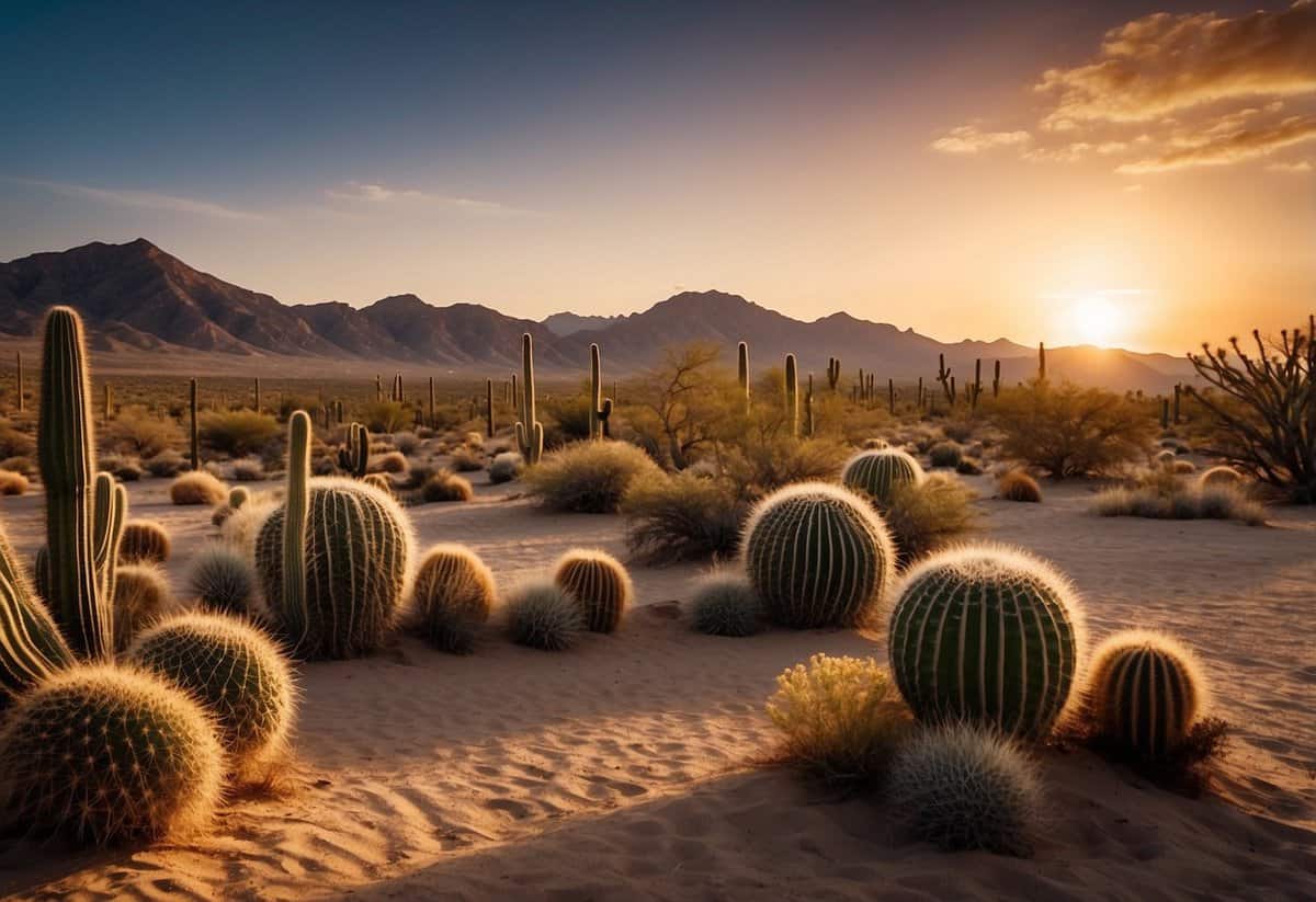 A desert landscape with adobe buildings and cacti. A vibrant sunset casts a warm glow over the scene, creating a romantic and enchanting atmosphere for a wedding