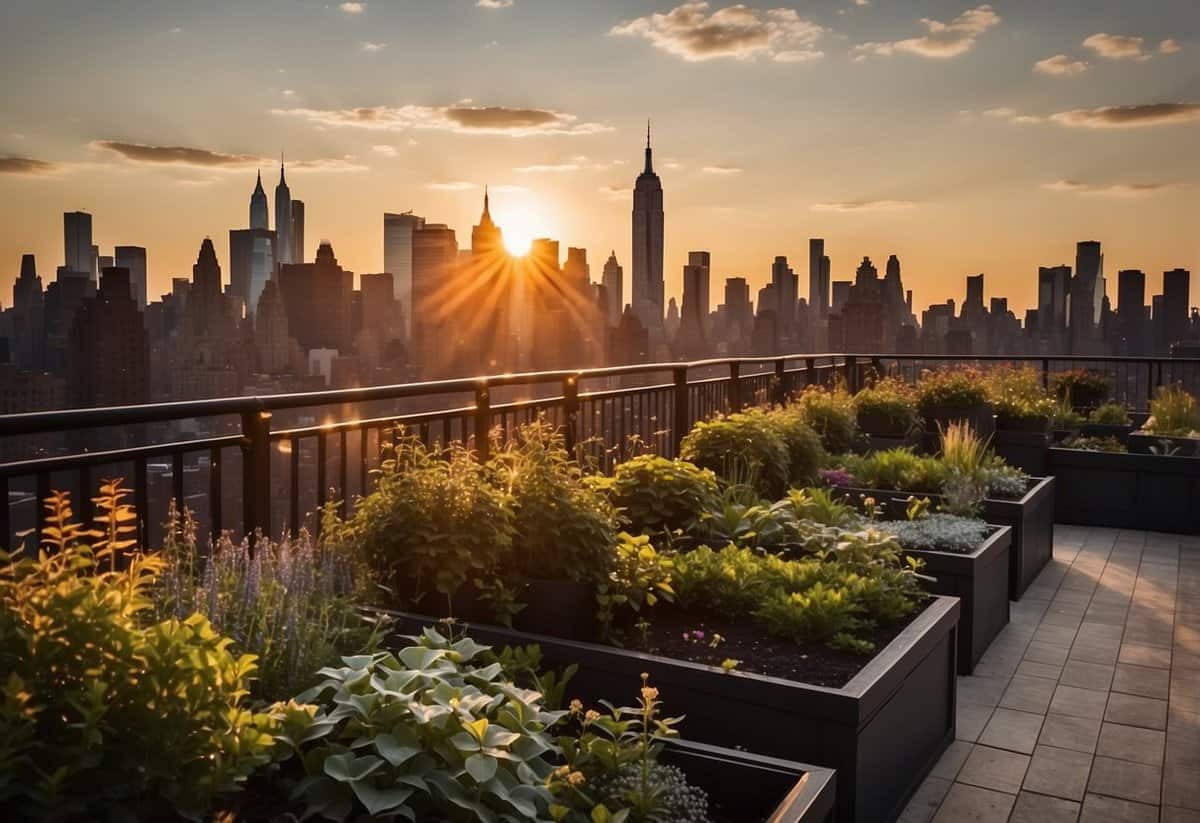 A beautiful sunset over a picturesque rooftop garden with twinkling lights and a stunning view of the New York City skyline