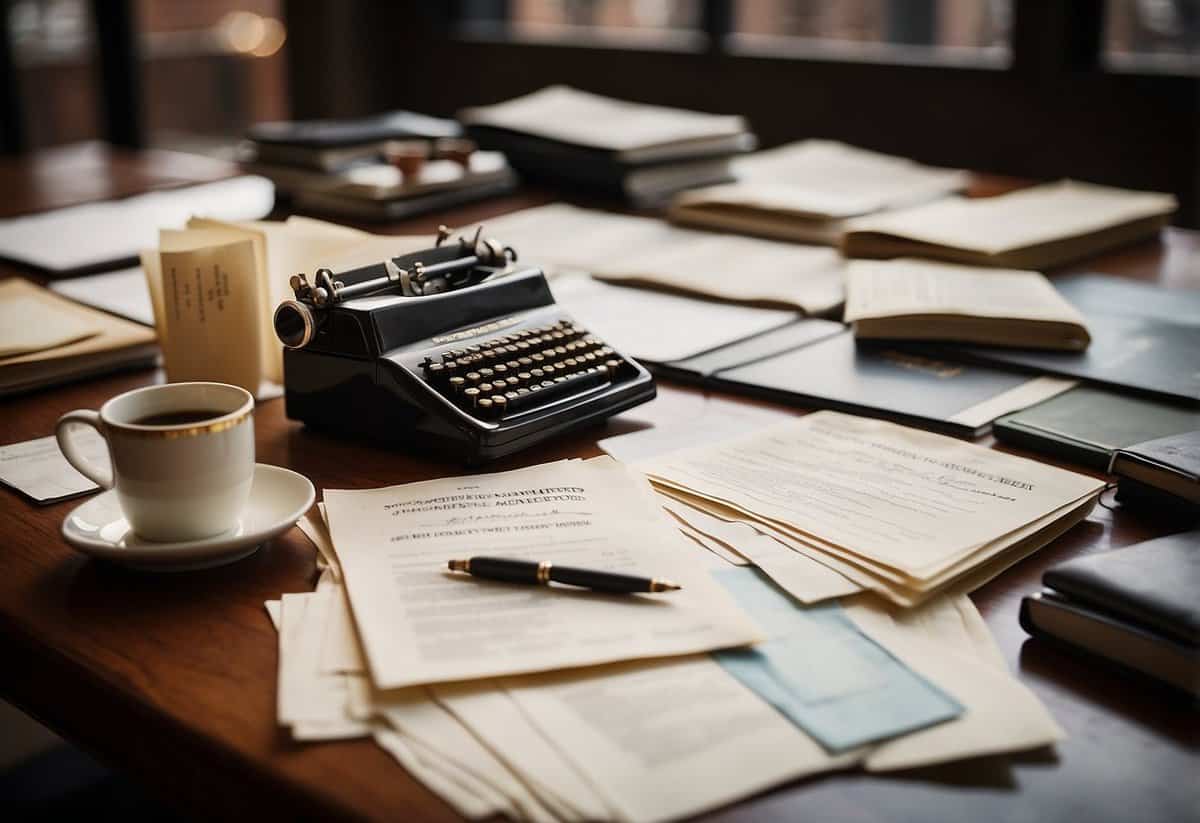 The scene depicts a desk with legal documents and a pen, surrounded by images of iconic New York wedding venues like Central Park and the Brooklyn Bridge