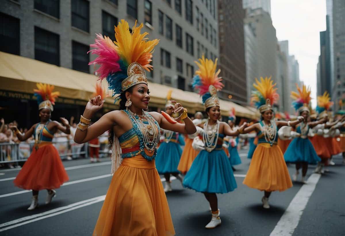 A colorful street parade with traditional dancers and musicians in front of iconic New York wedding venues