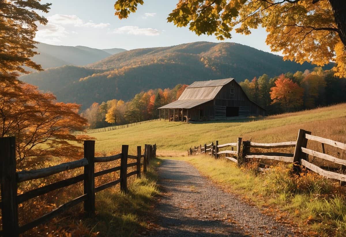 A sunny day in the Blue Ridge Mountains, with colorful fall foliage and a gentle breeze. A rustic barn or vineyard with rolling hills in the background