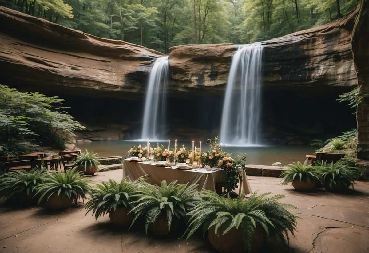 A picturesque outdoor wedding at Hocking Hills State Park, with lush greenery, cascading waterfalls, and stunning rock formations