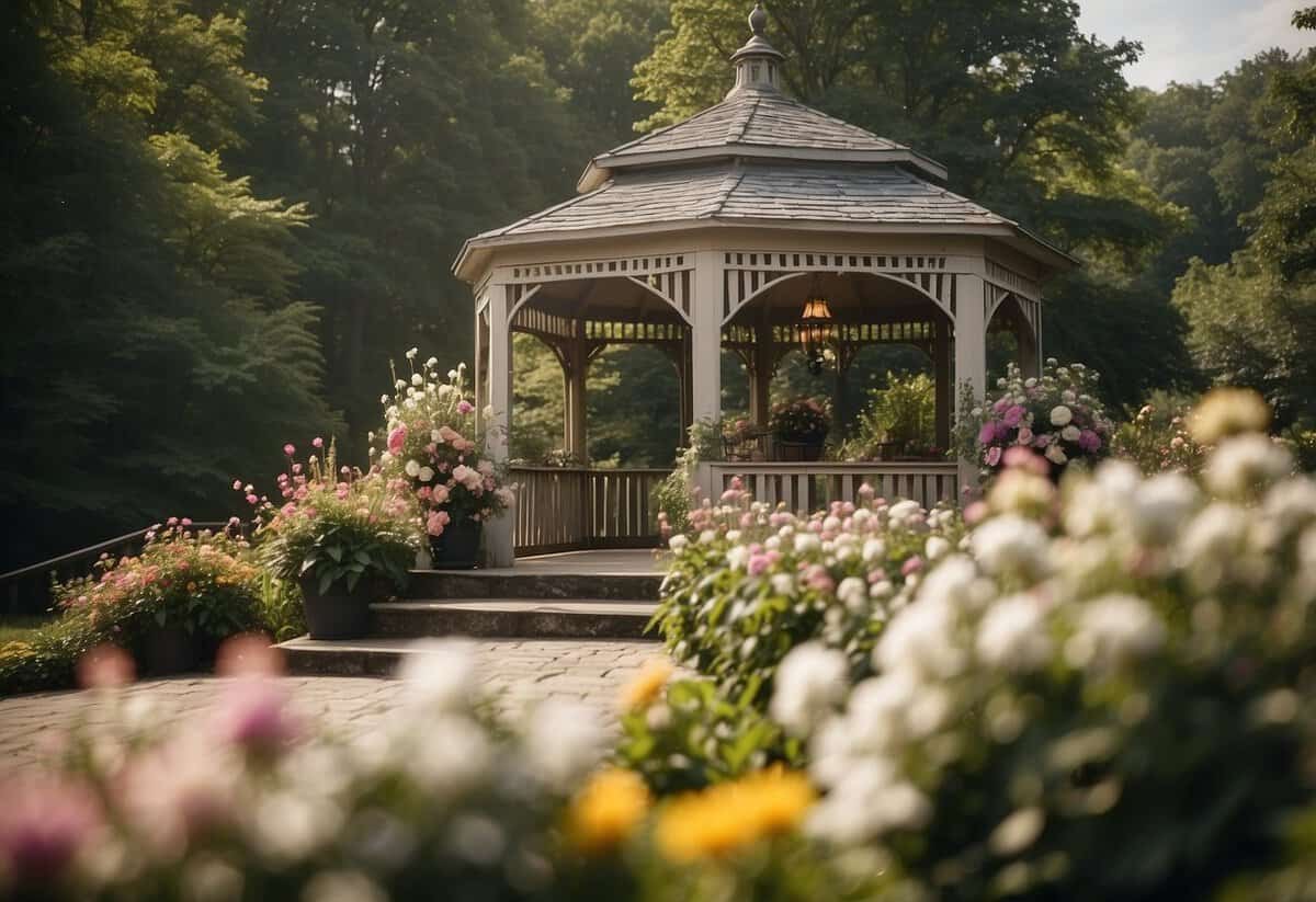 A picturesque outdoor wedding venue in Ohio, with a charming gazebo surrounded by blooming flowers and lush greenery. A sign nearby displays the legal requirements for weddings in the state