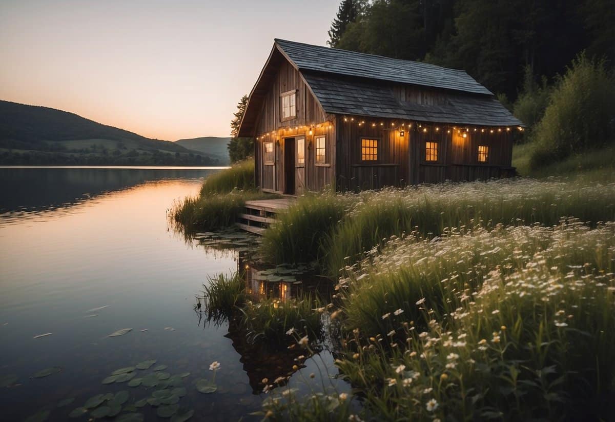 A rustic barn adorned with fairy lights, surrounded by rolling hills and blooming wildflowers. A gazebo overlooking a serene lake, with a backdrop of lush greenery