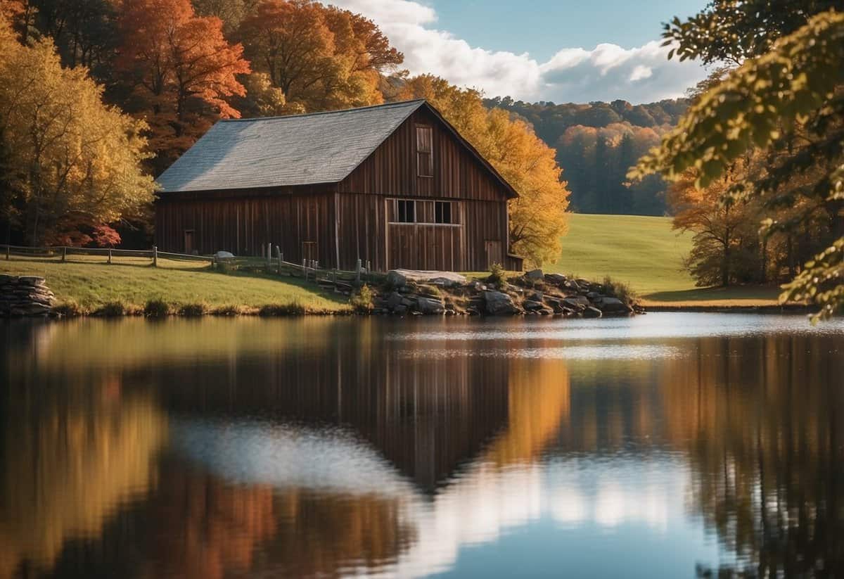 A picturesque Ohio landscape with vibrant fall foliage, a charming barn venue, and a serene lake backdrop for a romantic wedding setting