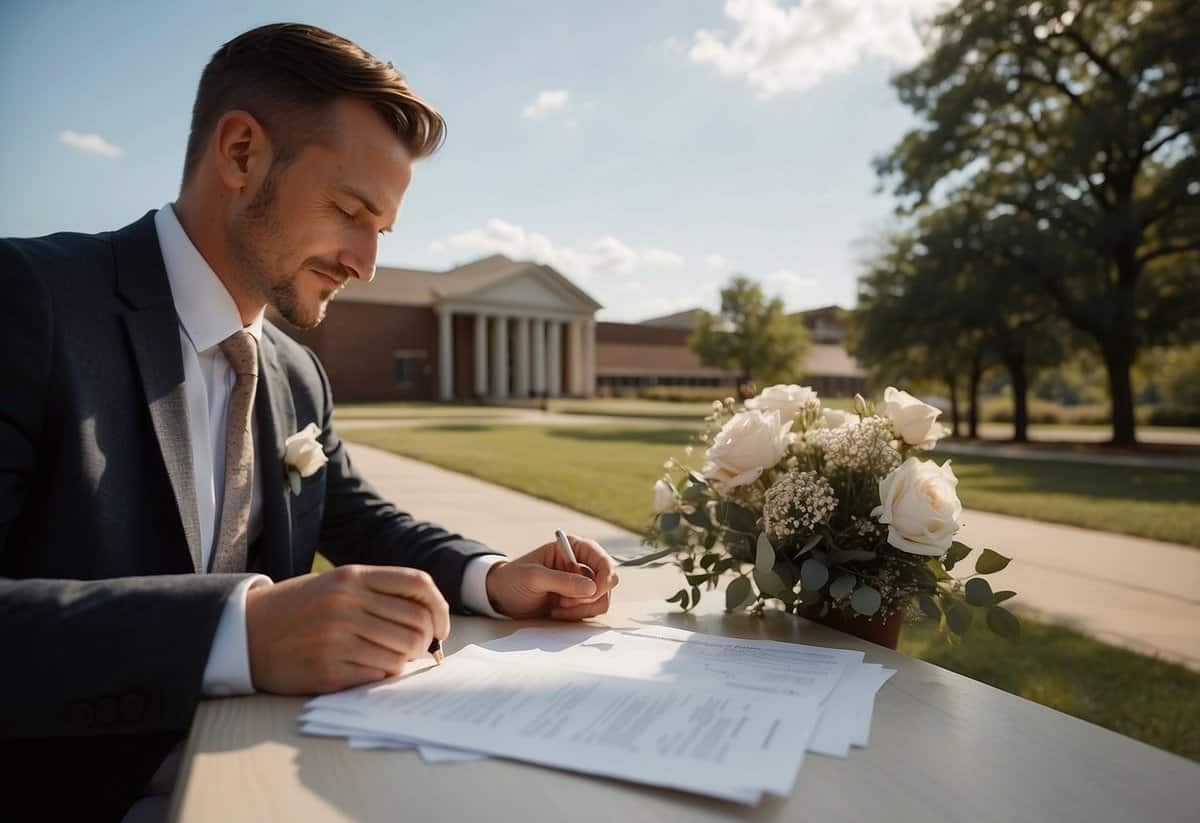 A couple fills out marriage paperwork at a county clerk's office in Oklahoma, with a scenic outdoor wedding venue in the background