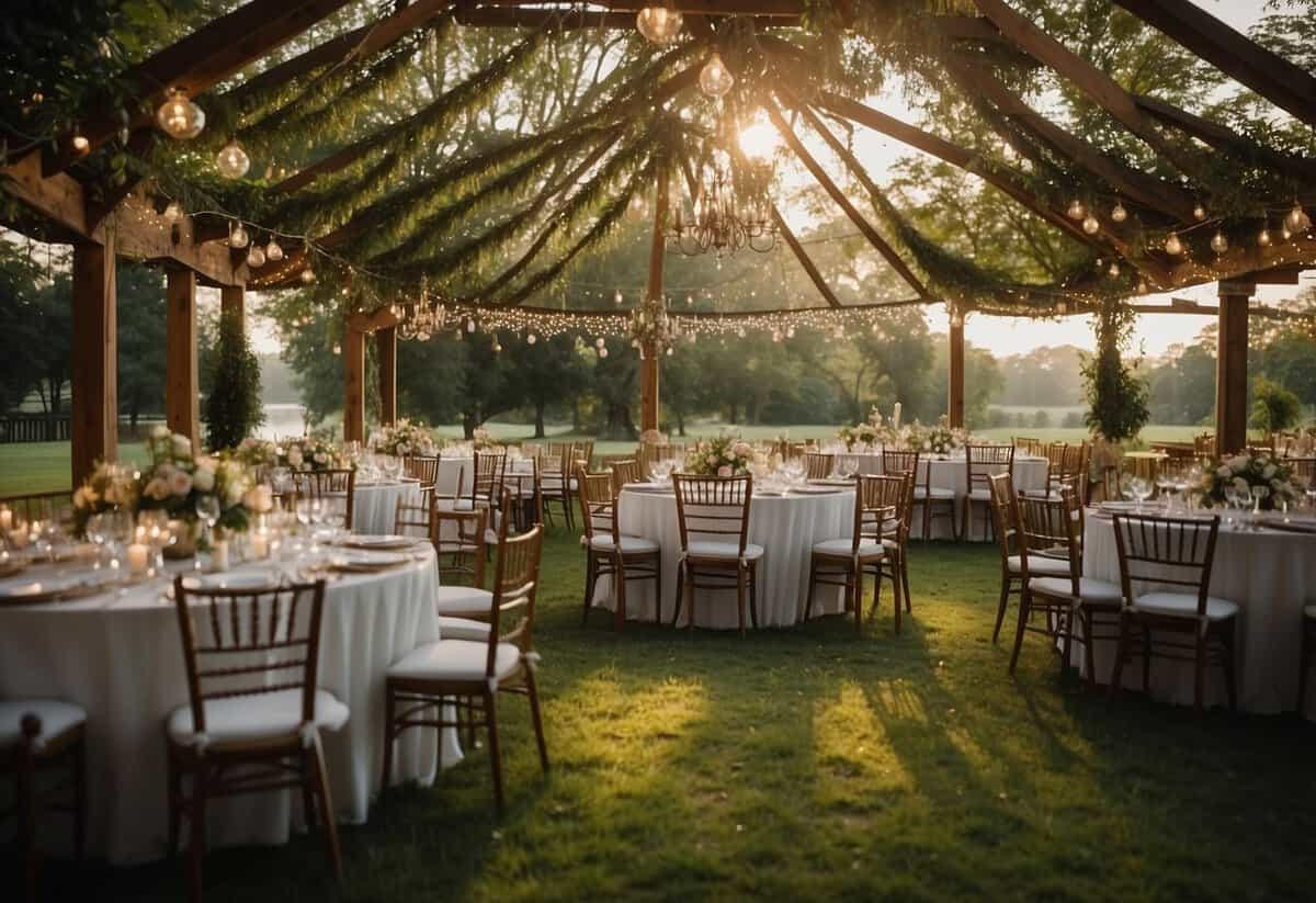 A sprawling outdoor garden with a gazebo, surrounded by blooming flowers and lush greenery. A picturesque barn with string lights and rustic decor. A grand ballroom with crystal chandeliers and elegant furnishings