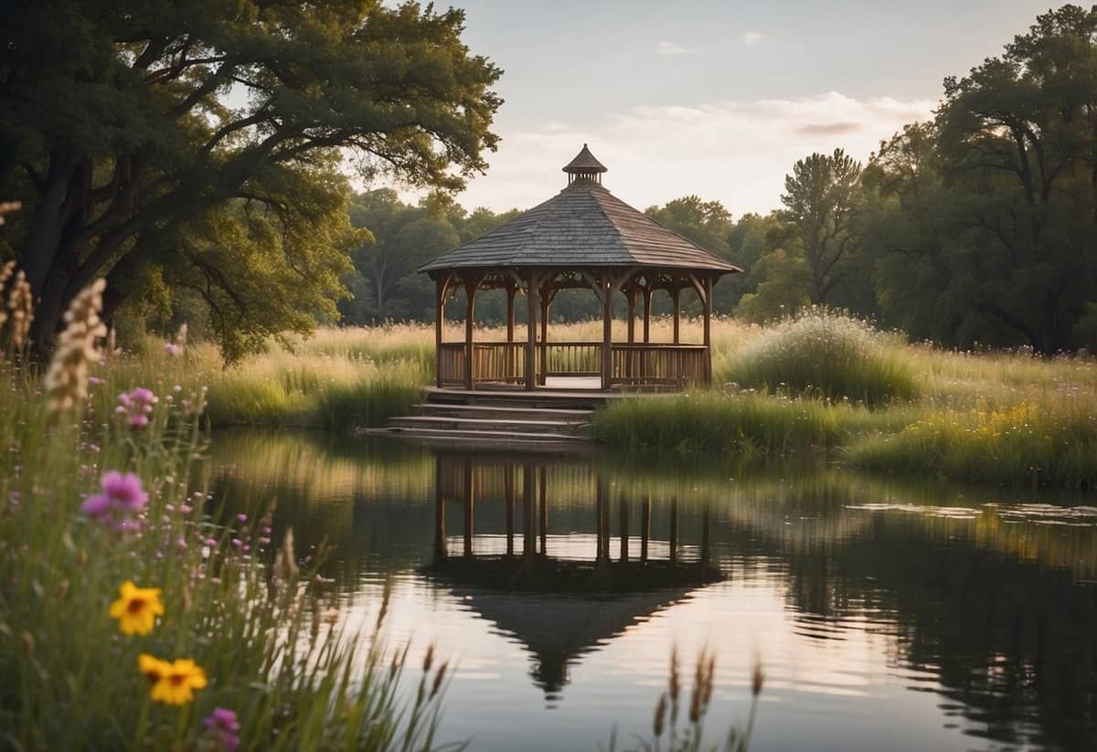 A serene lake nestled in the rolling hills of Oklahoma, surrounded by vibrant wildflowers and tall grasses. A rustic wooden gazebo stands at the water's edge, offering a picturesque spot for a wedding ceremony