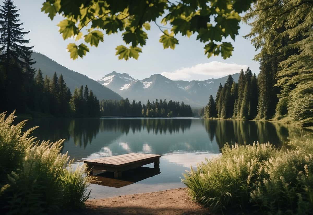 A scenic outdoor venue in Oregon, with lush greenery, a serene lake, and a backdrop of majestic mountains