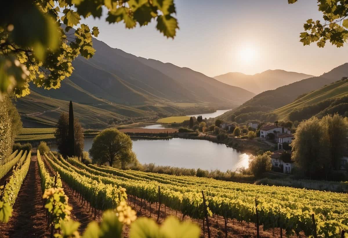 A picturesque vineyard overlooks a serene lake, surrounded by lush greenery and blooming flowers. The sun sets behind snow-capped mountains, casting a warm glow over the idyllic wedding venue