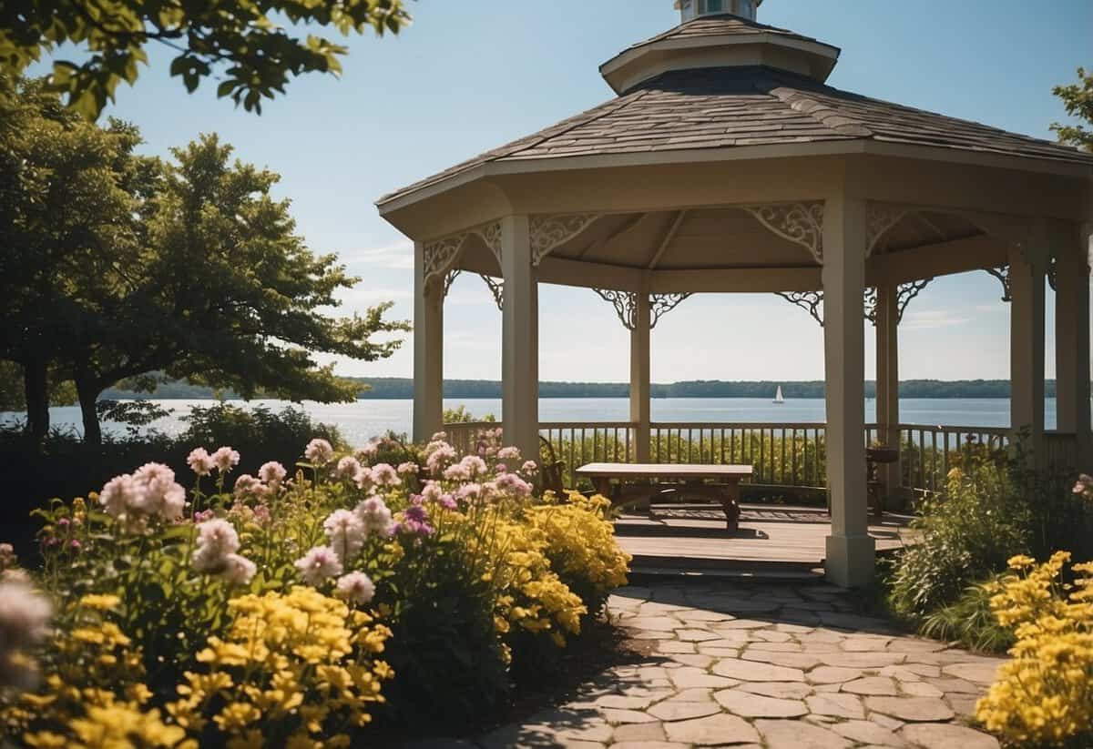 A sunny day in a picturesque Rhode Island location, with blooming flowers, a serene waterfront, and a charming gazebo for a perfect wedding setting